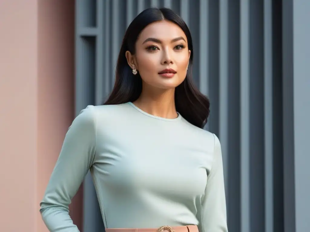Estilo clásico y sofisticado para mujeres pequeñas Una mujer elegante con un top clásico de cuello redondo en color pastel, junto a pantalones de tiro alto