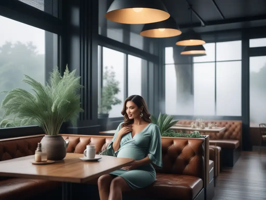 Moda y funcionalidad: Mujer elegante amamantando en café trendy Una mujer elegante amamantando con un top de moda lactancia en un café trendy