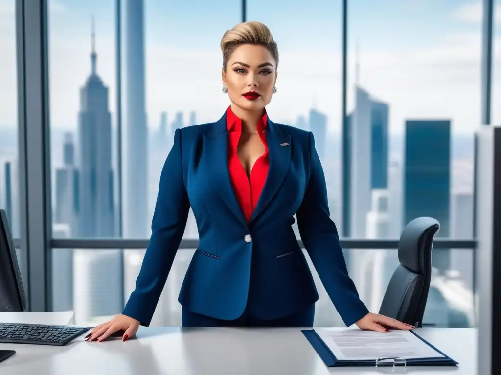 Profesional plus size: elegancia en azul marino Una mujer plus size elegante en traje azul marino, en oficina moderna con vista a la ciudad