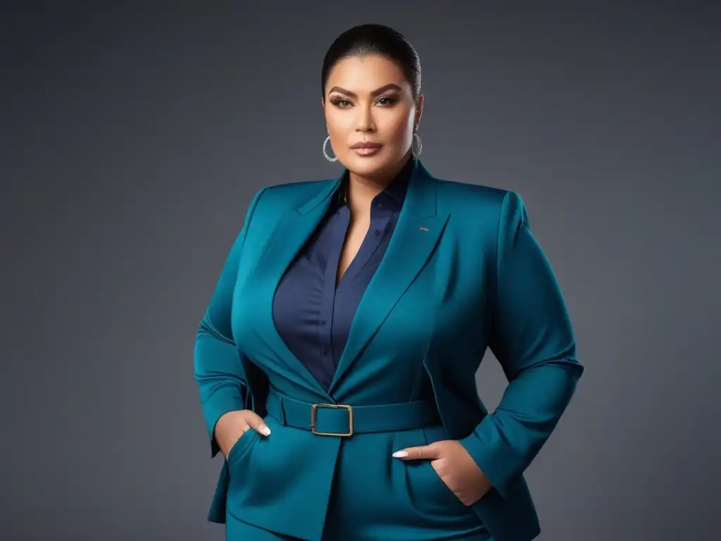 Elegancia plussize en oficina moderna Una mujer plus size elegante en traje de trabajo, irradiando confianza en una oficina moderna