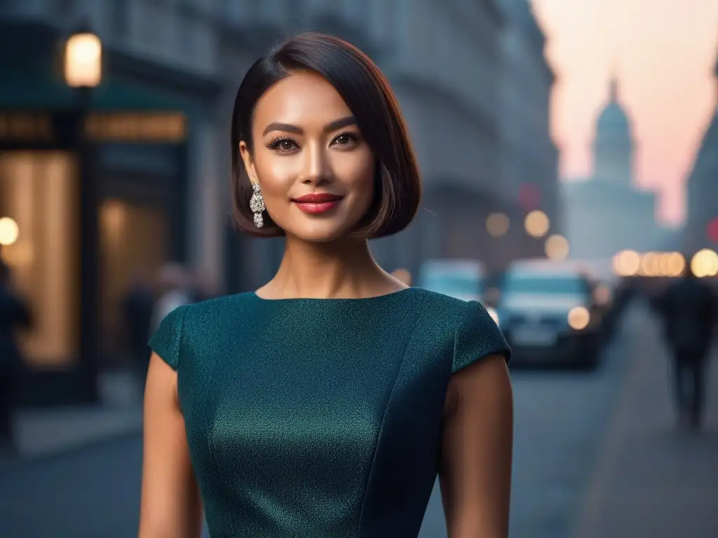 Mujer elegante en vestido joya frente a la ciudad al atardecer Una mujer petite luce elegante en un vestido joya con corte ideal, en una ciudad al atardecer