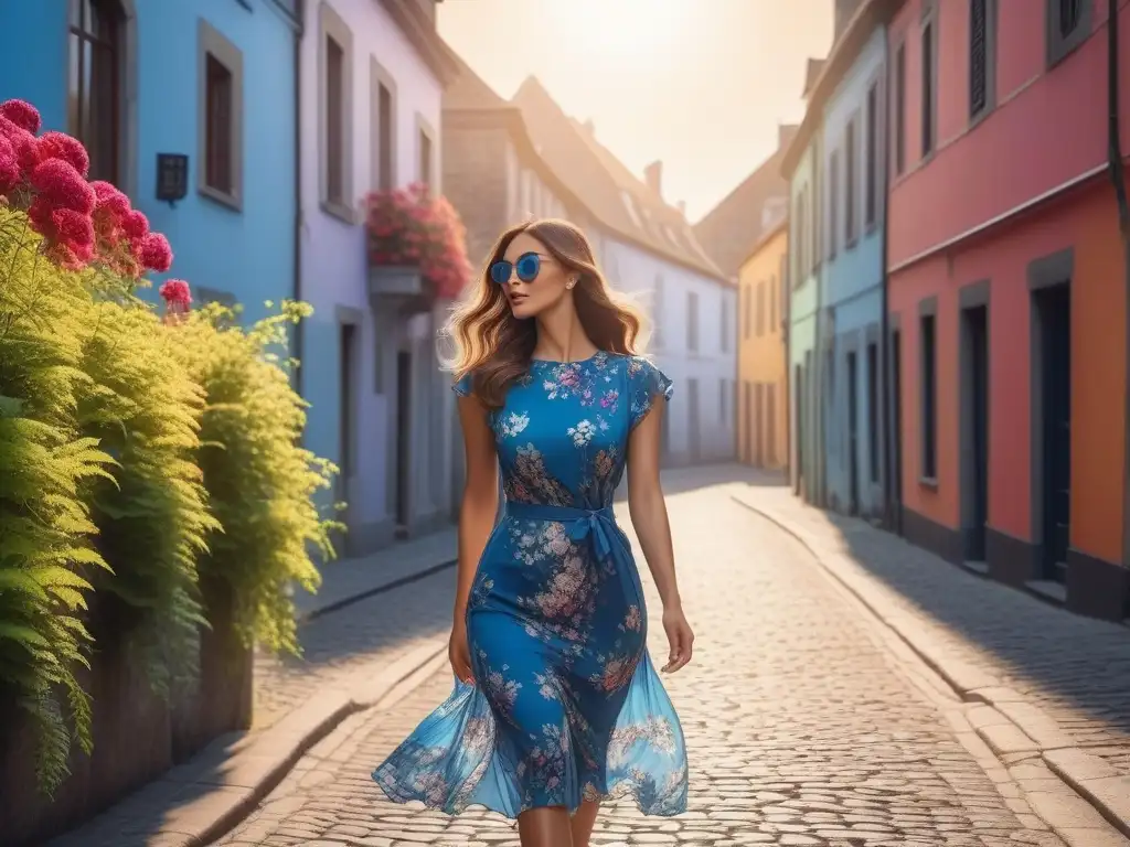 Chic mujer petite en verano: moda y elegancia en la calle Una mujer petite elegante pasea en vestido veraniego por una calle empedrada llena de flores coloridas