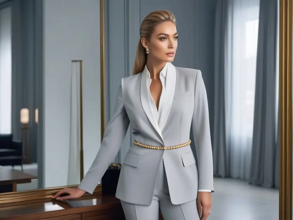 Reflejo de elegancia: mujer chic en vestidor minimalista Una mujer elegante en un vestidor minimalista, vistiendo un traje gris y blusa blanca