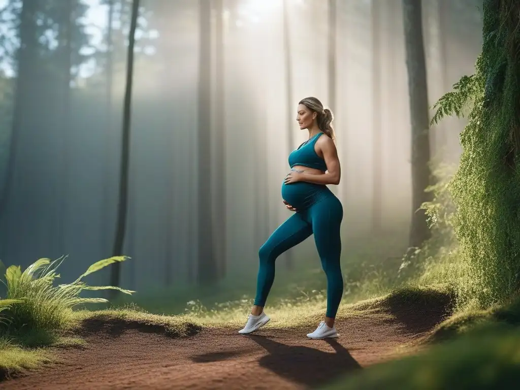 Maternidad activa: mujer embarazada en yoga al aire libre Una mujer embarazada en activewear elegante, practicando yoga en un entorno sereno rodeada de vegetación exuberante bajo una suave luz solar