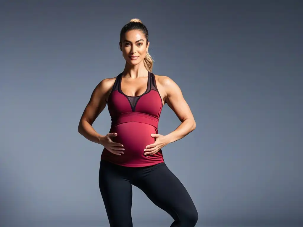 Ropa de maternidad activa: fuerza y elegancia en el yoga Una mujer embarazada en activewear de maternidad, elegante y cómoda, en un estudio de yoga luminoso
