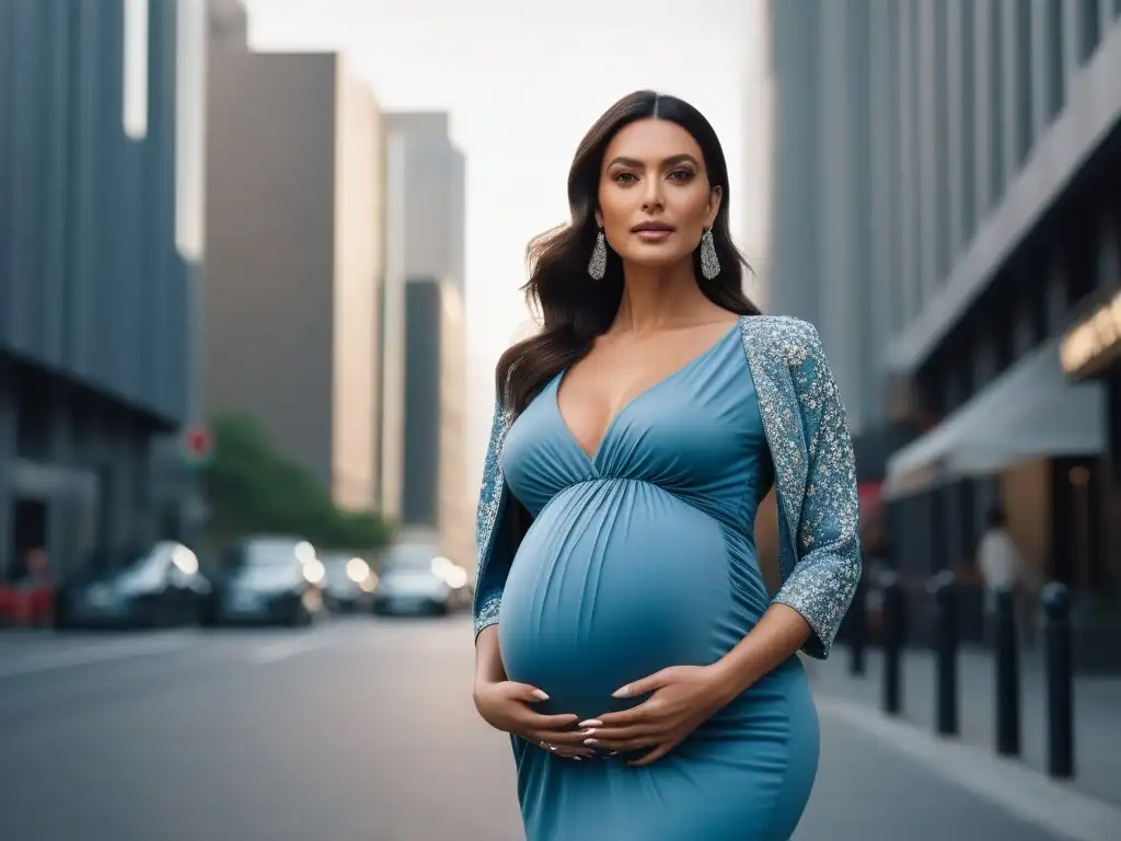 Elegancia materna en la ciudad: moda chic para embarazadas Una mujer embarazada en un atuendo de moda maternal elegante y cómodo, irradiando confianza en la ciudad