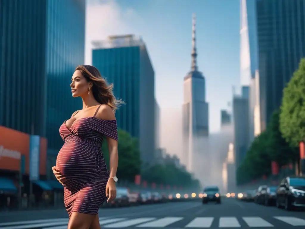 Moda de embarazo: Elegancia urbana y bienestar en la maternidad Una mujer embarazada camina confiada por la ciudad luciendo un atuendo de moda maternal cómoda y elegante