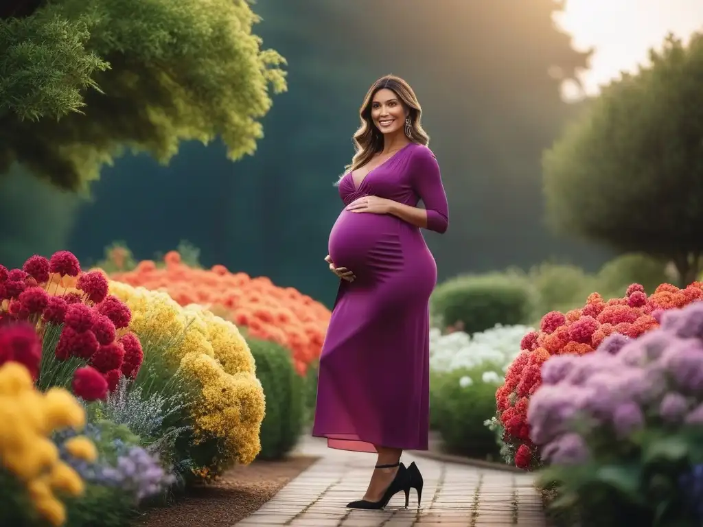 Mujer embarazada elegante: equilibrio perfecto entre moda y comodidad Una mujer embarazada, chic y confiada, lleva zapatos cómodos en un jardín colorido