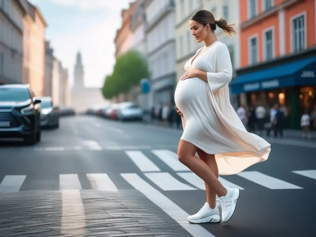 Estilo materno: zapatillas oversized y elegancia urbana Una mujer embarazada camina con confianza por la calle luciendo un estilo de moda en tallas grandes para ropa de maternidad