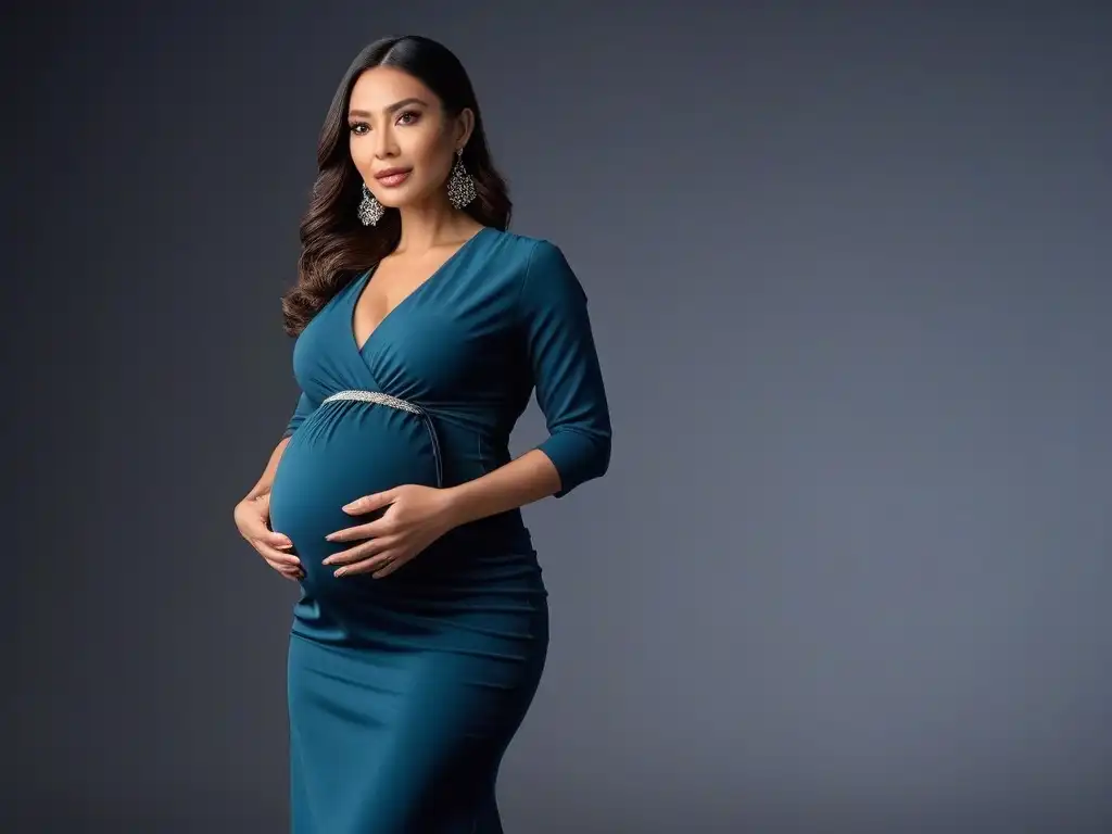 Moda premamá chic para mujeres pequeñas: looks elegantes y modernos Una mujer embarazada petite muestra confianza con elegantes atuendos de ropa maternal para petite mujeres, destacando estilo y moda moderna