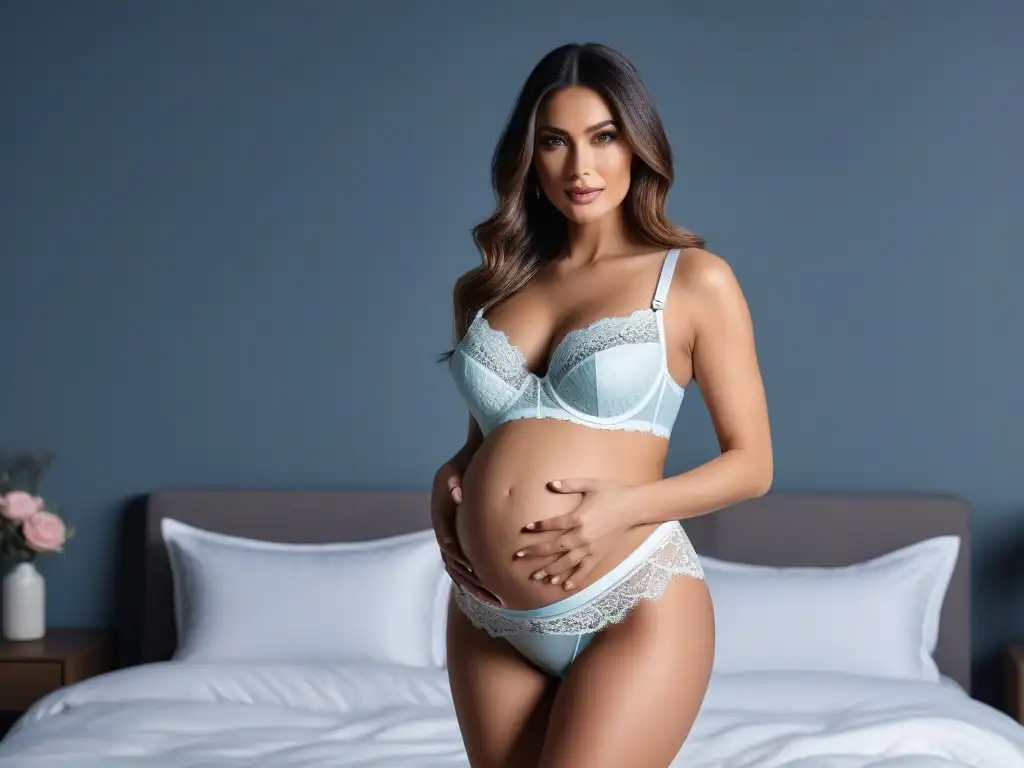 Maternidad chic: mujer embarazada confiada en lencería elegante Una mujer embarazada posa con confianza en lencería maternal cómoda y sensual en un elegante dormitorio luminoso
