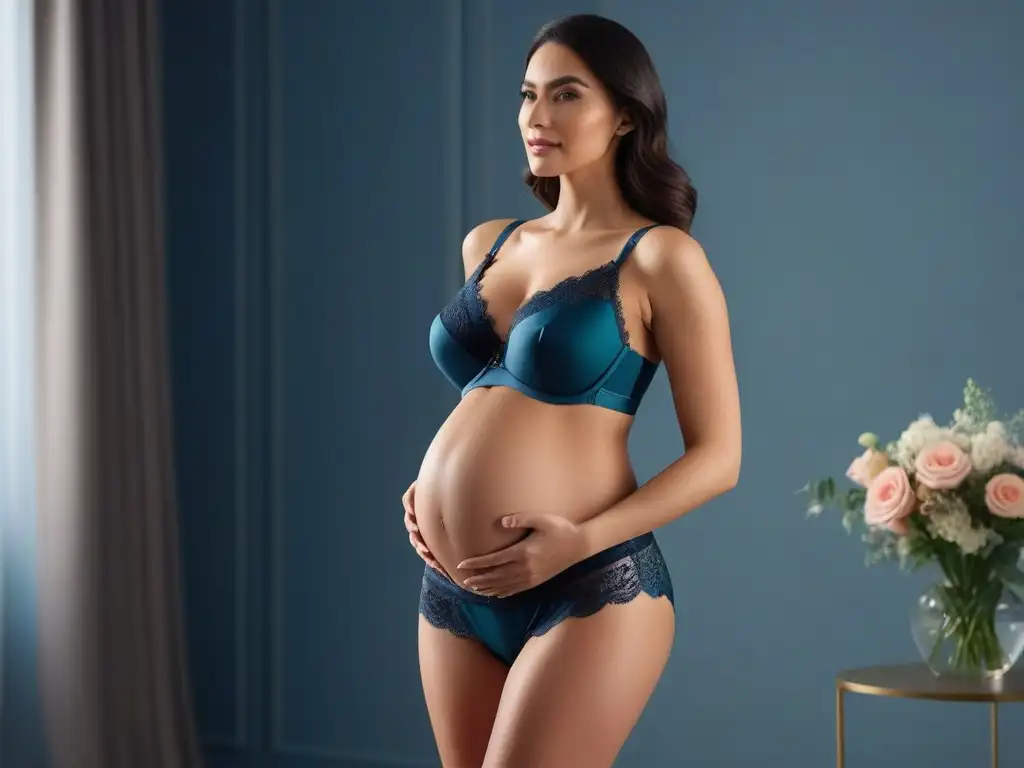 Lencería de maternidad: confort y sensualidad en alta resolución Una mujer embarazada posa con confianza en lencería maternal cómoda y sensual, resaltando elegancia y estilo
