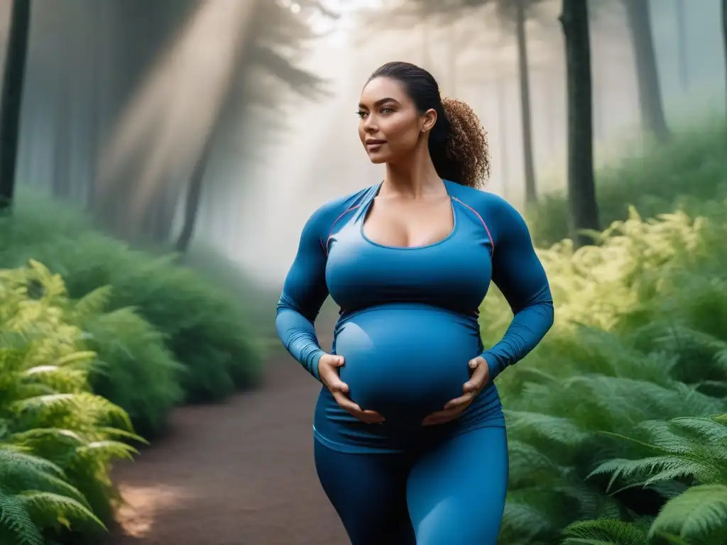 Moda Materna Plus Size: Mujer Embarazada Empoderada en Parque Sereno Una mujer embarazada camina con confianza en un parque sereno, vistiendo ropa activewear maternidad tallas especiales