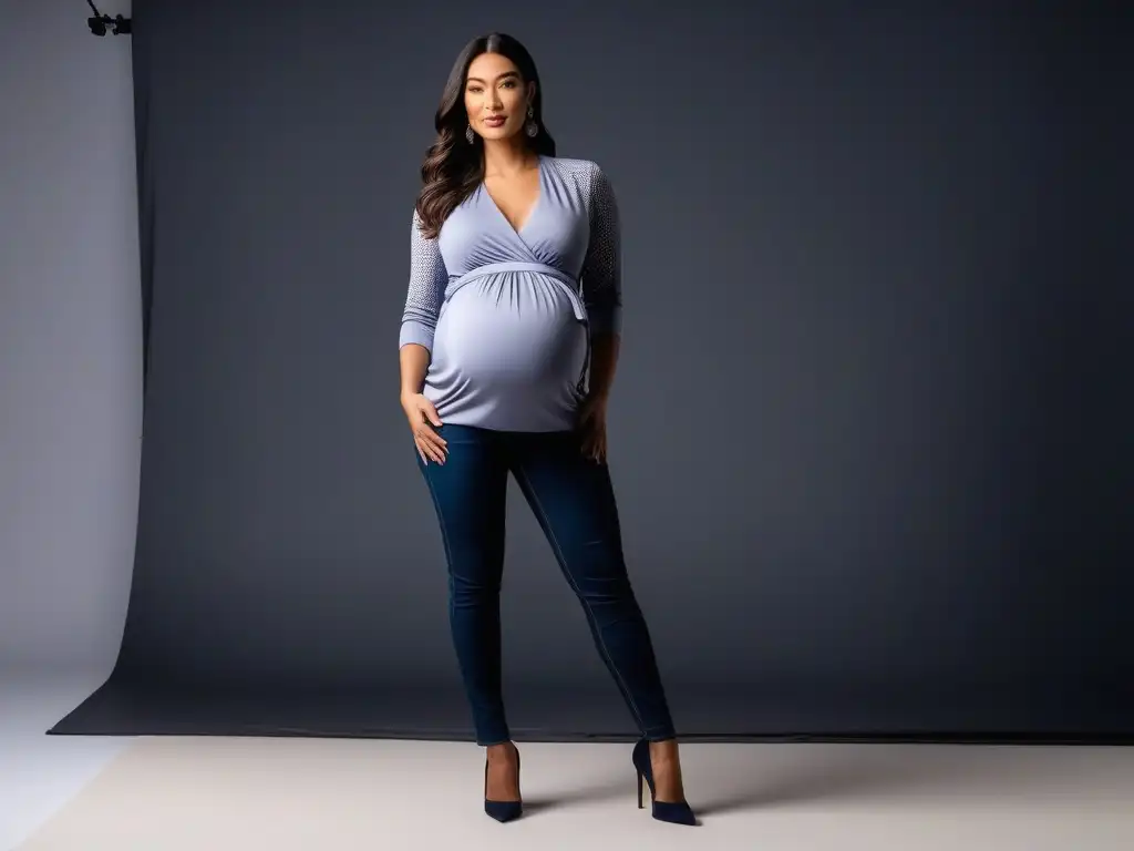 Moda premamá para mujeres pequeñas: estilo y confianza Una mujer embarazada y petite modela con confianza ropa maternal para petite mujeres en un estudio minimalista y luminoso