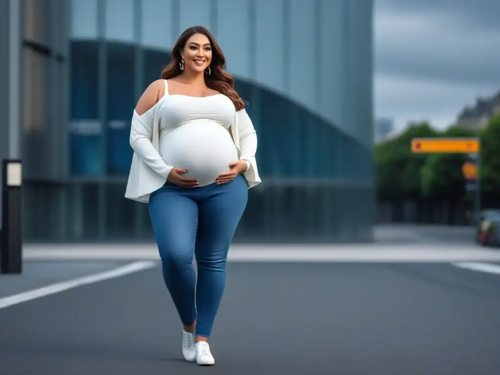 Moda Maternidad Plussize: Estilo y Confianza en la Ciudad Una mujer embarazada con curvas en jeans maternales tallas plus size, irradiando confianza y estilo en la ciudad moderna