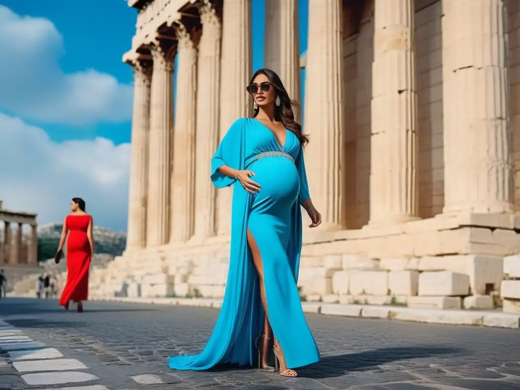 Maternidad de lujo en Atenas: elegancia y confort en las calles antiguas Una mujer embarazada paseando con elegancia por las antiguas calles de Atenas, luciendo moda maternal de lujo en la vibrante ciudad