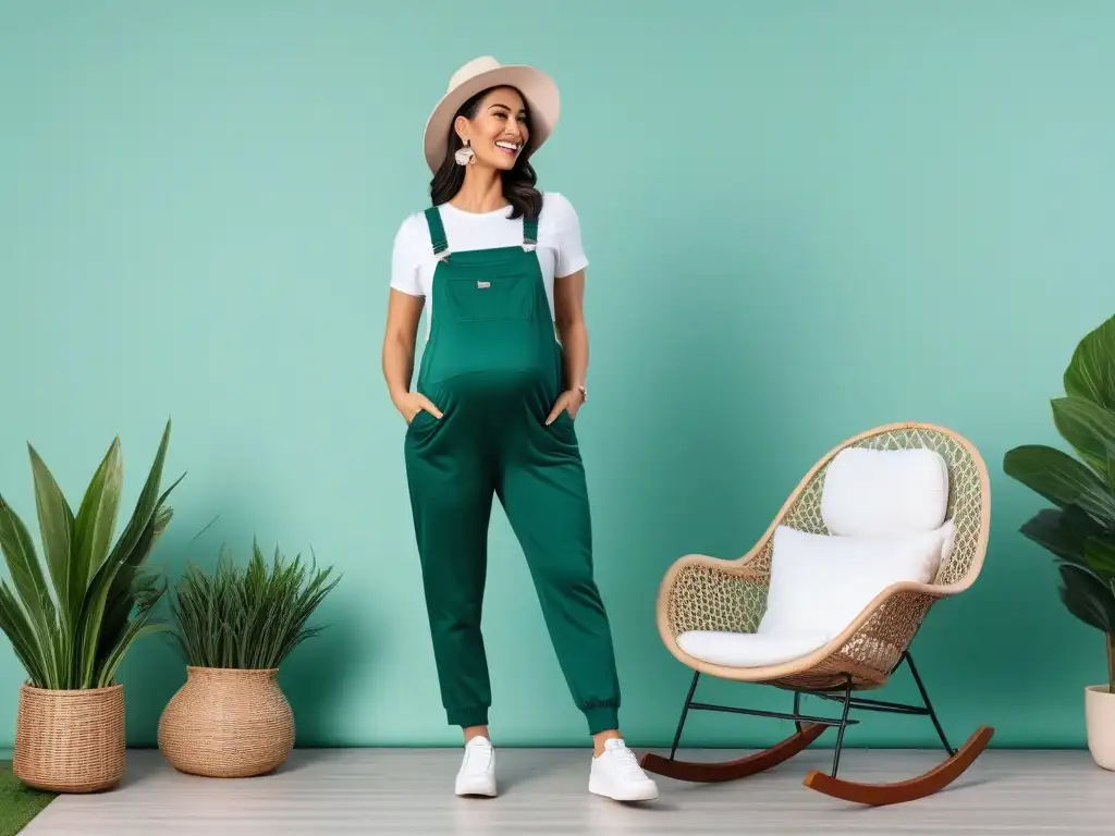 Radiante embarazada en moderno vivero Una mujer embarazada posa con elegancia en overoles maternales en un moderno vivero