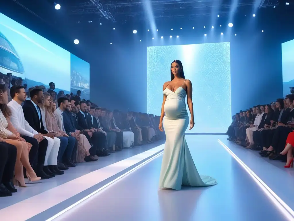 Moda futurista: Embarazada deslumbra en pasarela 3D Una mujer embarazada desfila con elegancia en una pasarela futurista luciendo un vestido de maternidad impreso en 3D