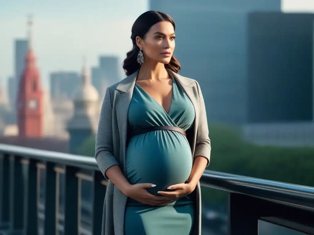 Moda maternal urbana: evolución de estilos Una mujer embarazada elegante posa en la ciudad, fusionando moda maternal de décadas