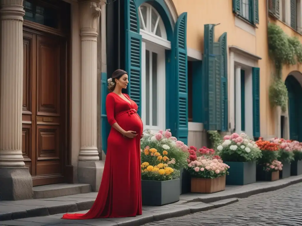 Embarazada elegante paseando por Europa en diseño de moda materna Una mujer embarazada elegante pasea con confianza por una bulliciosa calle europea, luciendo moda maternal elegante para viajes