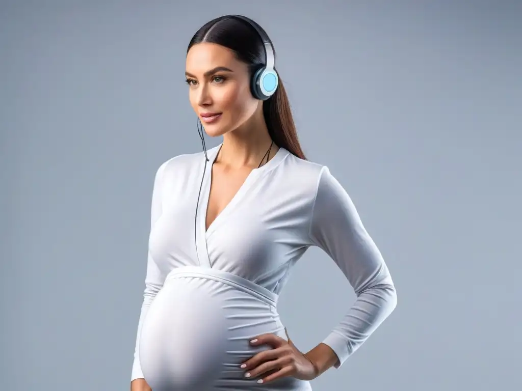 Moda maternal: modernidad y funcionalidad en un outfit de última generación Una mujer embarazada elegante con un conjunto de maternidad tecnológico, fusionando moda y funcionalidad