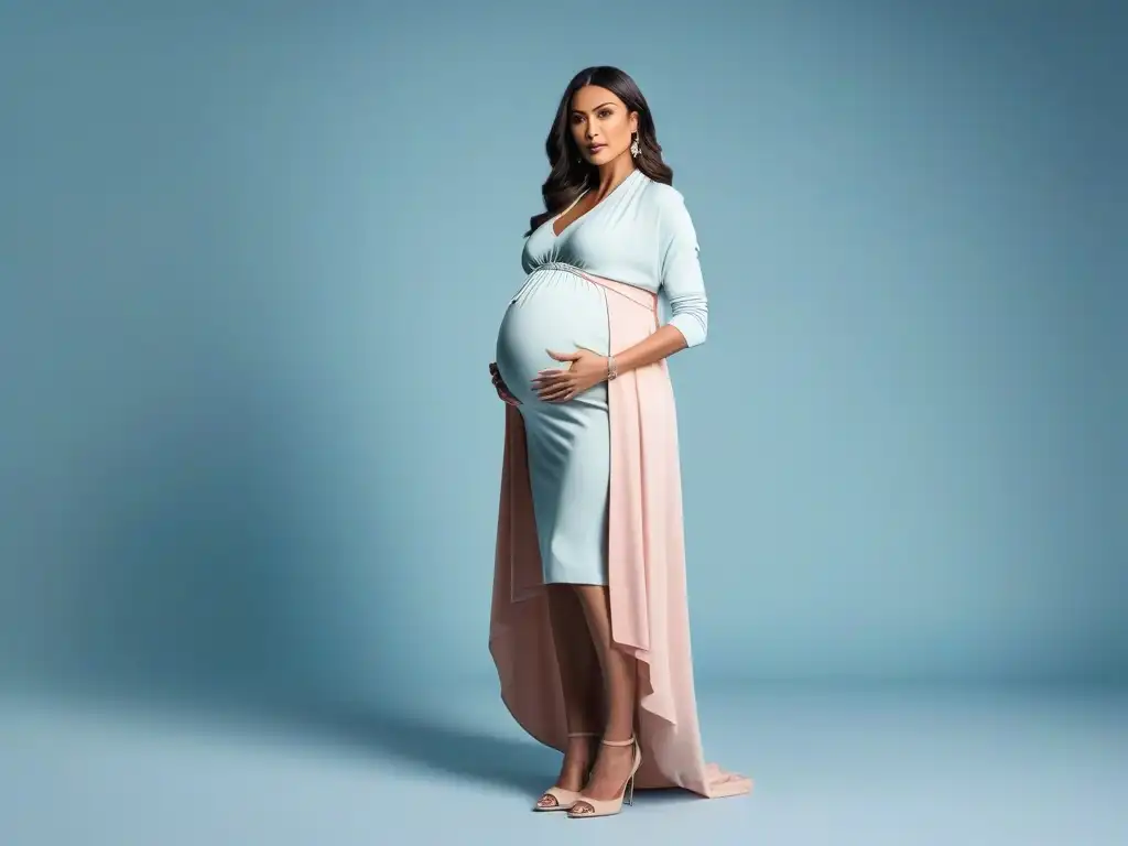 Embarazada elegante en estudio minimalista: moda maternidad moderna Una mujer embarazada elegante, vistiendo moda maternal, irradia poder y sofisticación en un estudio minimalista
