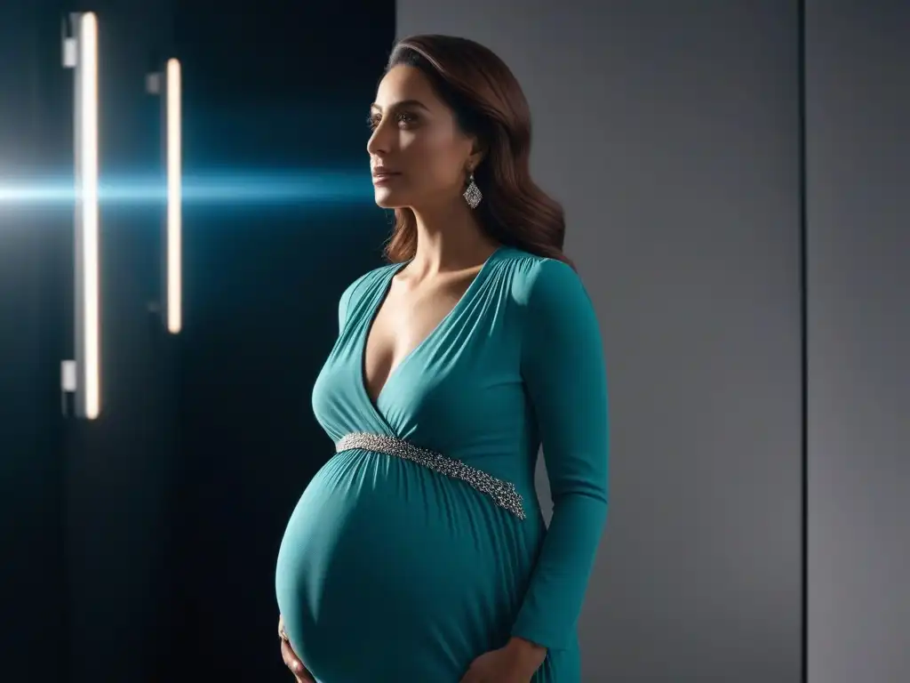 Estilo y confianza: moda premamá en un ambiente elegante Mujer embarazada en elegante outfit de maternidad frente al espejo, reflejando estilo personal durante el embarazo