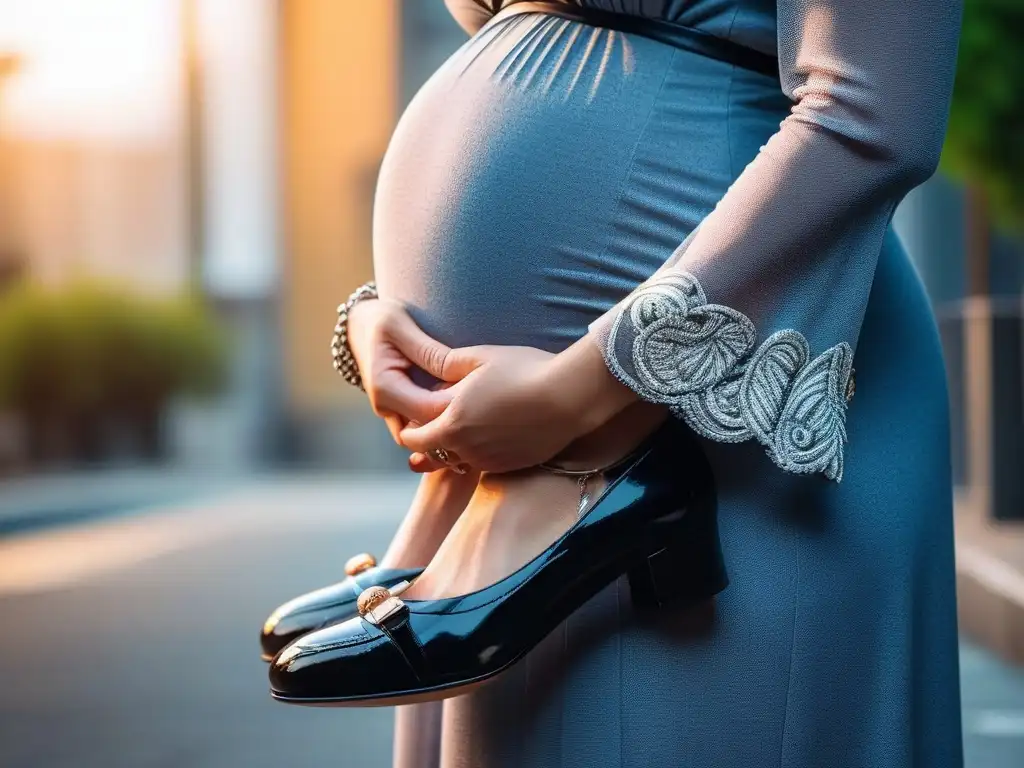 Embarazo elegante: mujer embarazada con estilo y glamour Una mujer embarazada elegante con outfit maternal y accesorios clave, luciendo confiada en un entorno urbano sofisticado