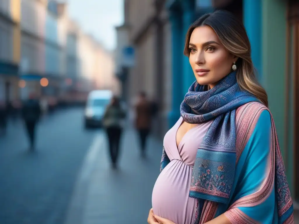 Estilo de maternidad moderno con pañuelo vibrante Una mujer embarazada elegante con un pañuelo maternidad y vestido, en una calle urbana