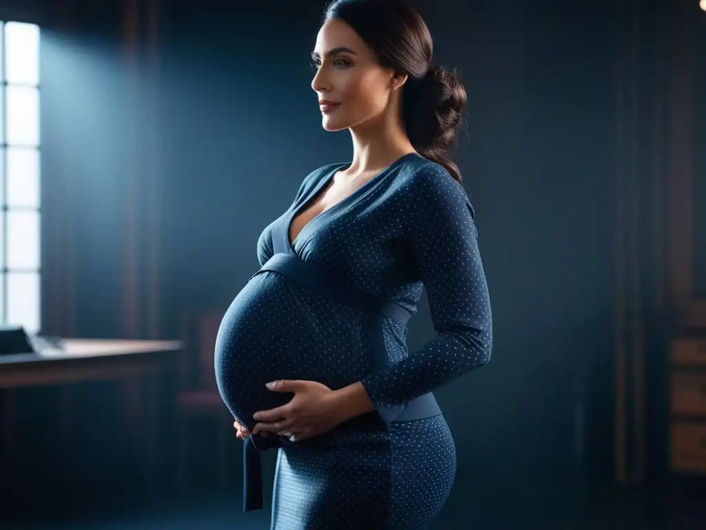 Maternidad elegante: Postura perfecta y estilo chic para embarazadas Una mujer embarazada elegante destaca en una posture impecable, fusionando estilo y funcionalidad en moda maternal