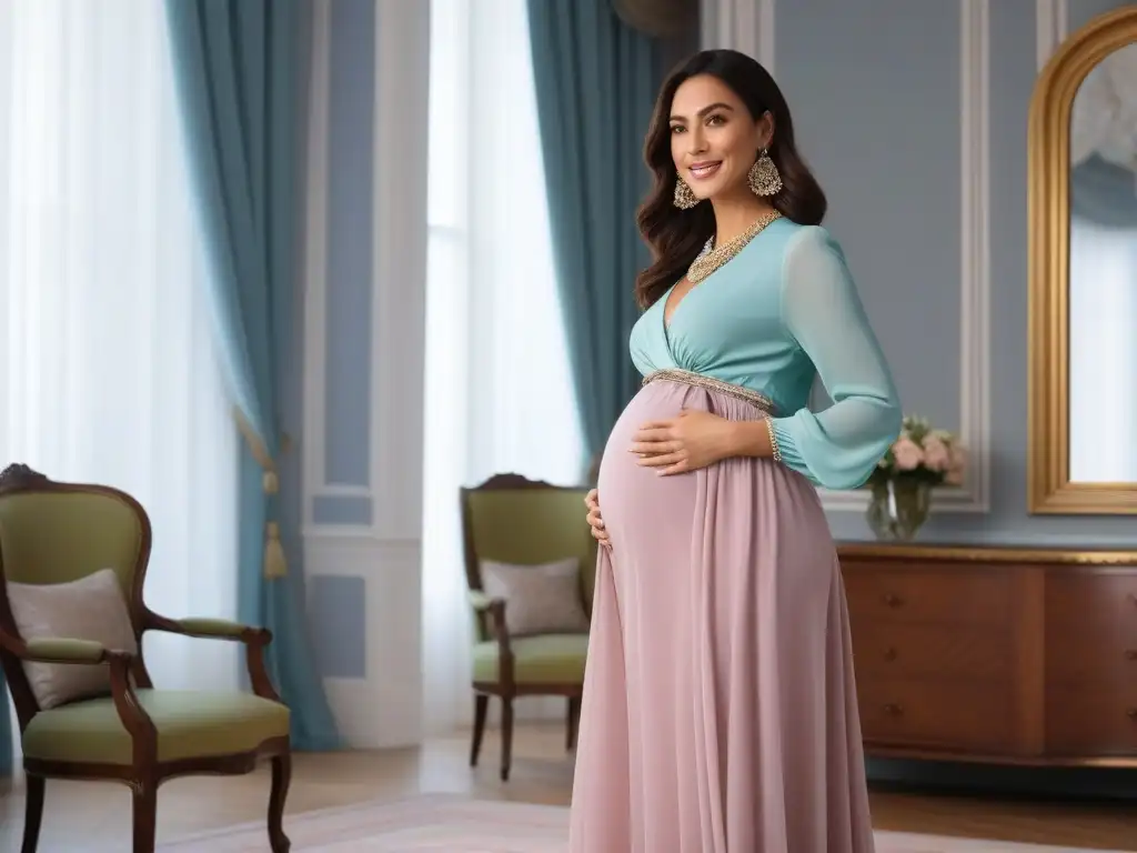 Estilo y confort: mujer embarazada en falda materna Una mujer embarazada elegante y radiante, vistiendo una falda maternal fluida y una blusa sofisticada, frente a un espejo