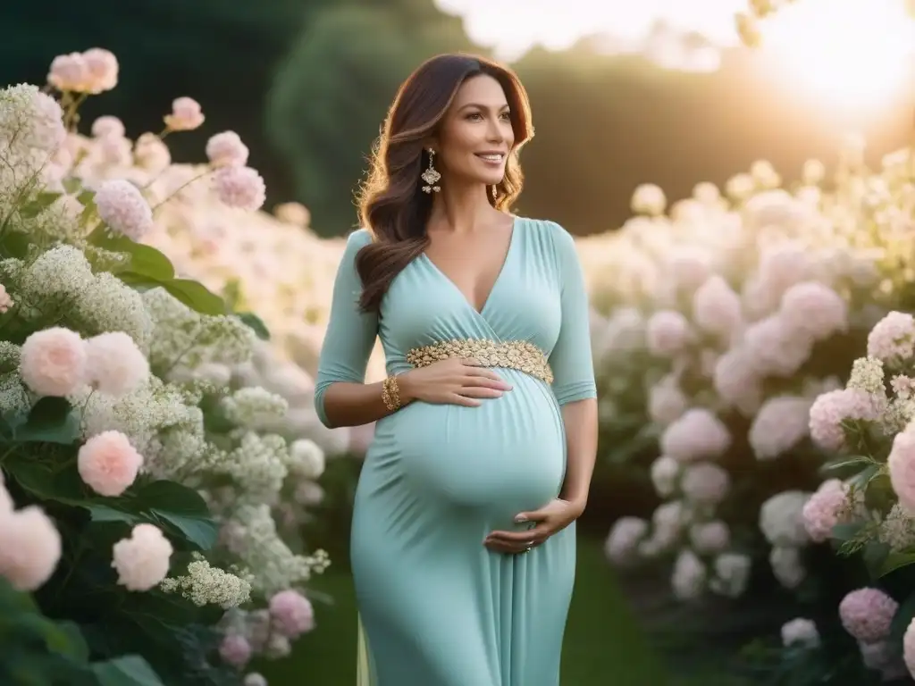 Radiante embarazada en jardín florido: elegancia y maternidad Una mujer embarazada elegante y radiante en un jardín exuberante, vistiendo un vestido de maternidad en color pastel, joyas doradas delicadas