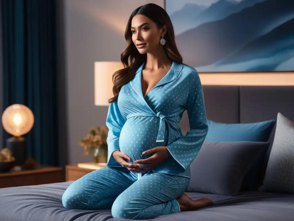 Estilo y comodidad: mujer embarazada en pijama de diseño moderno y elegante Una mujer embarazada elegante y relajada en pijama de maternidad cómodo y estiloso, en una habitación acogedora