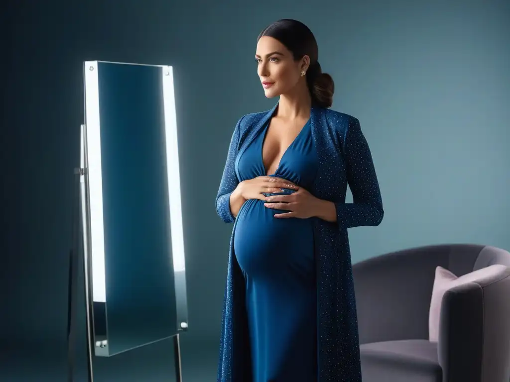 Estilo y confianza: moda para embarazadas con elegancia y versatilidad Una mujer embarazada elegante se ajusta la ropa frente al espejo, demostrando la versatilidad y adaptabilidad de su guardarropa