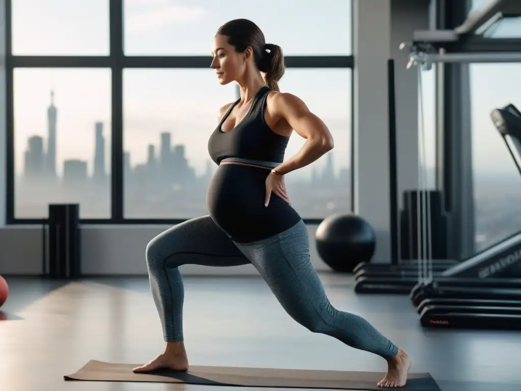 Embarazada ejercitándose con estilo en gimnasio moderno Una mujer embarazada ejercitándose con elegante ropa de maternidad fitness moderna en un gimnasio luminoso y espacioso