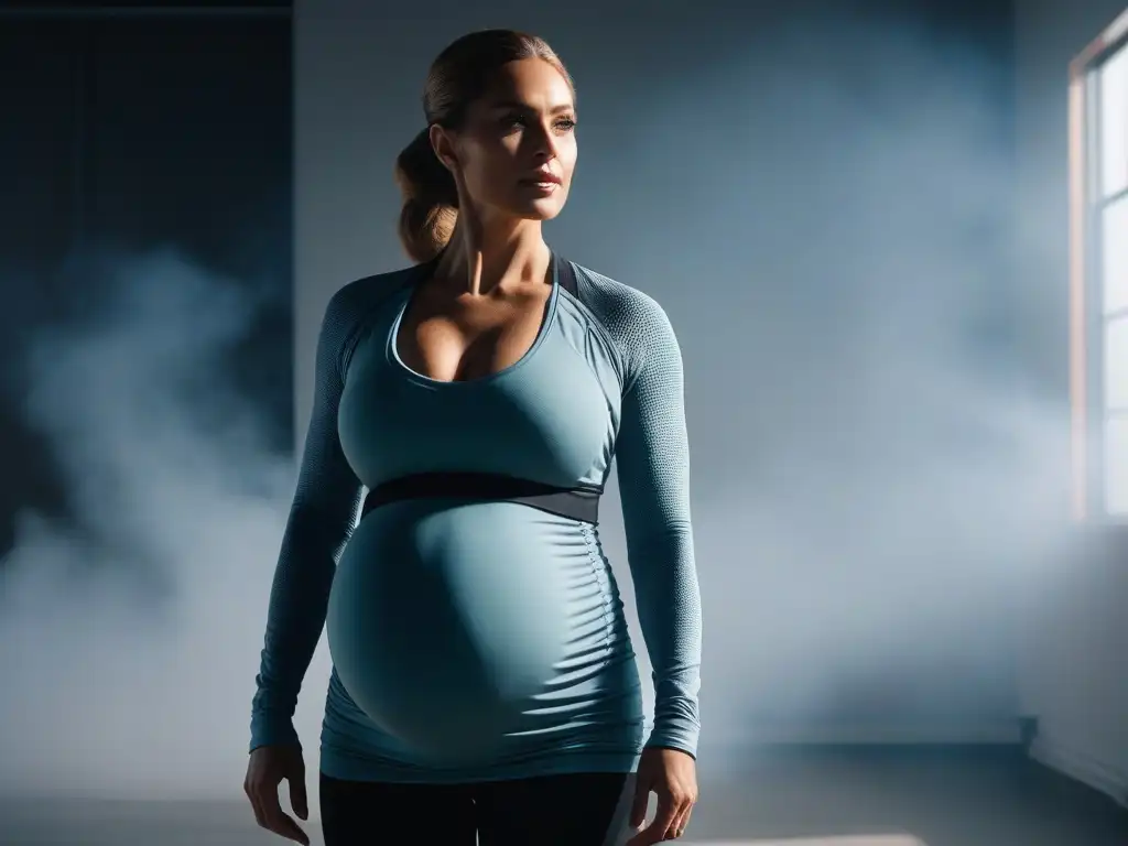 Moda prenatal: mujer embarazada practica yoga con estilo Mujer embarazada en elegante ropa deportiva practicando yoga en un estudio sereno, equilibrando comodidad y estilo