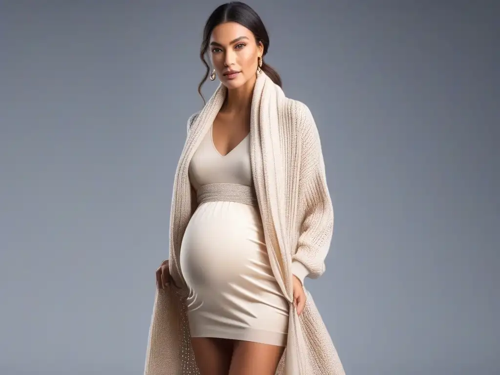 Embarazo con estilo: moda en capas para futuras mamás Una mujer embarazada, elegante y segura, vistiendo capas de prendas en tonos tierra en un loft luminoso