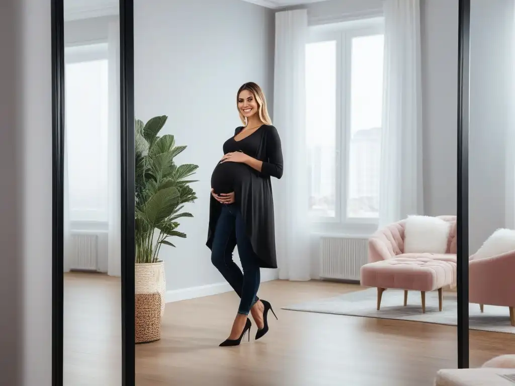 Moda maternal: Elegancia y estilo en embarazo feliz Una mujer embarazada elegante y segura en un vestuario de maternidad a la moda
