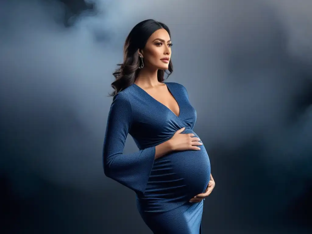 Elegancia premamá: moda sofisticada para futuras mamás Una mujer embarazada elegante y segura en un atuendo pre-mamá chic, mostrando opciones estilosas en ropa pre-maternidad