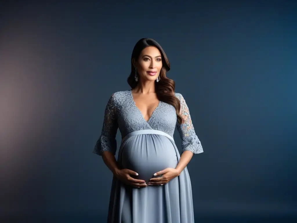 Moda premamá elegante: mujer embarazada con estilo Una mujer embarazada elegante y segura, mostrando un atuendo de maternidad a la moda