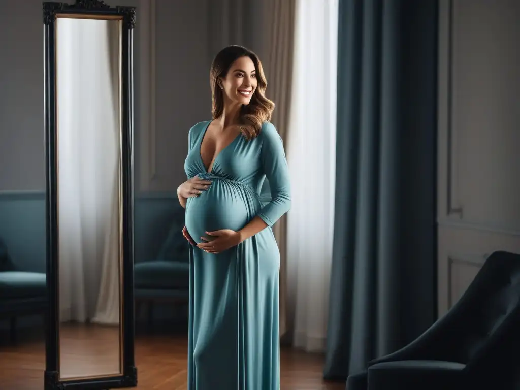 Elegante embarazada: moda y confort en un look radiante Una mujer embarazada elegante y segura, reflejada en el espejo con estilo personal en moda maternidad