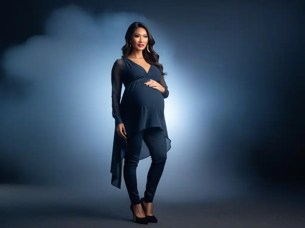 Moda para embarazadas: elegancia y estilo en tendencia Una mujer embarazada elegante y segura, luciendo moda premamá para diferentes tipos de cuerpo en un entorno contemporáneo y minimalista