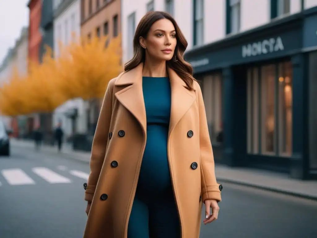 Elegancia otoñal: moda de maternidad chic en la ciudad Una mujer embarazada elegante y segura, vistiendo un abrigo camel oversized en la ciudad con hojas de otoño cayendo a su alrededor