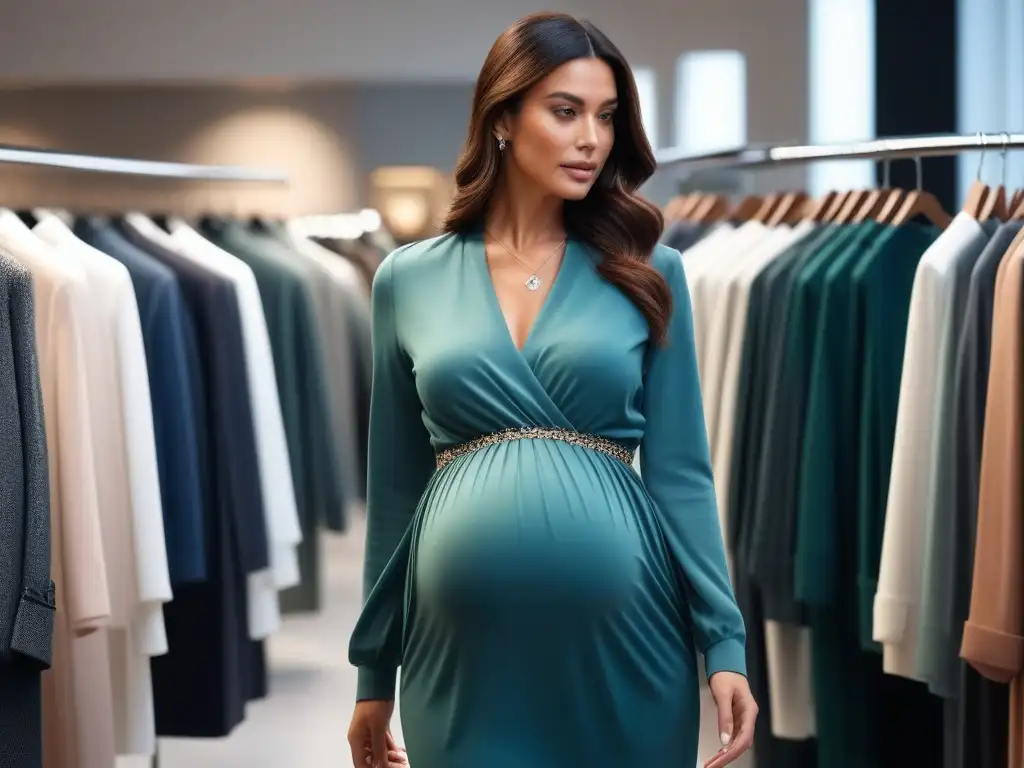 Embarazada elegante elige moda en boutique chic Una mujer embarazada elegante y sofisticada elige ropa de maternidad en una boutique chic