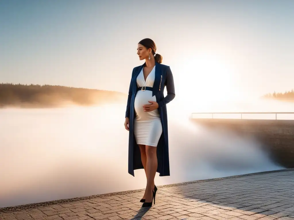 Moda Maternal: Transformando Ropa con Estilo Una mujer embarazada elegante y sofisticada transformando ropa pre-maternidad en opciones estilosas con confianza y estilo