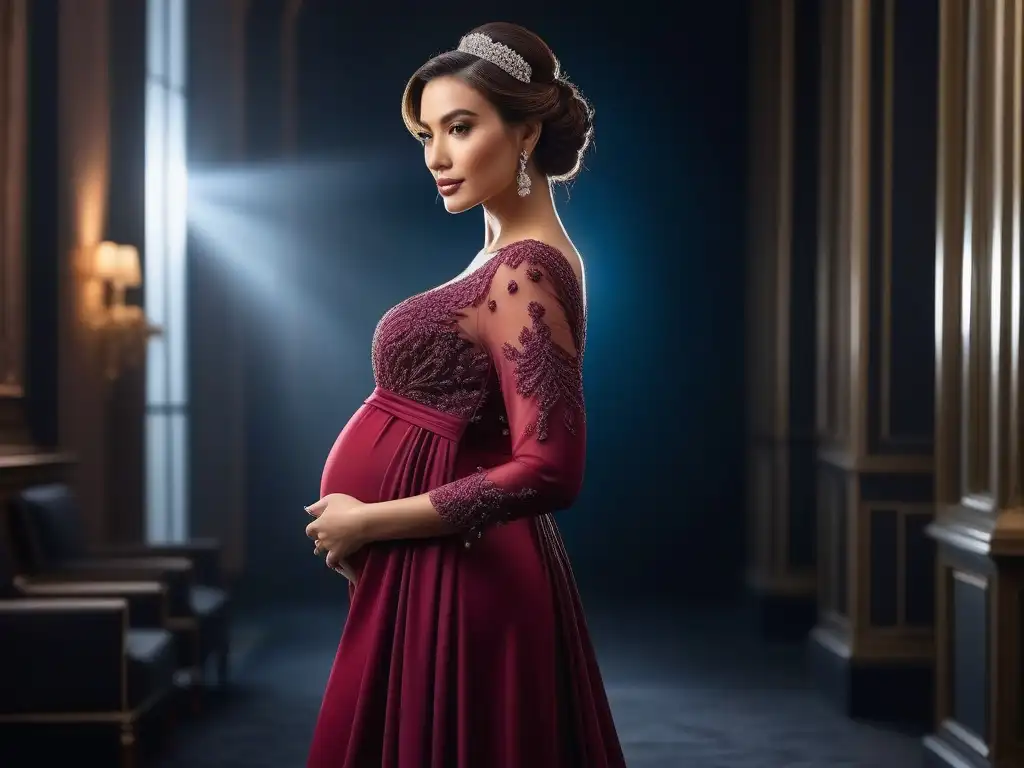 Esplendor maternal: mujer embarazada deslumbrante en evento elegante Una mujer embarazada en un elegante vestido de maternidad en tono joya, segura frente a un lujoso lugar de eventos