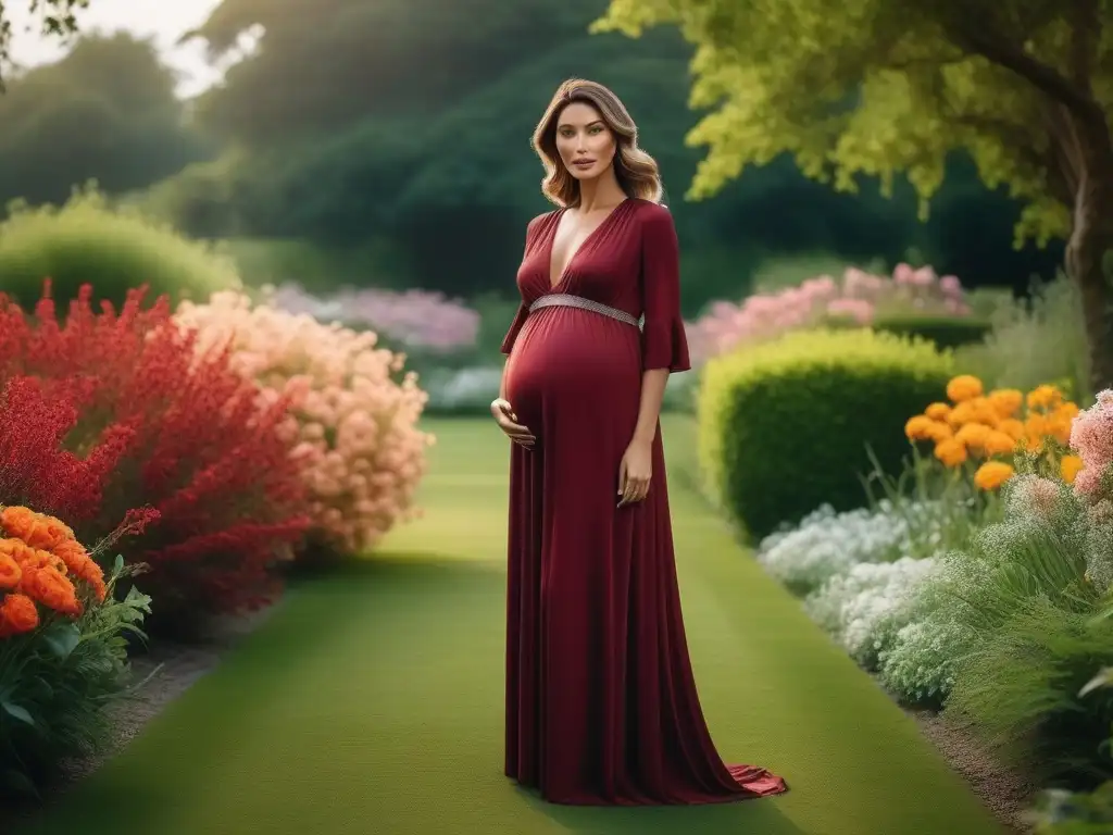 Maternidad elegante: mujer embarazada en jardín exuberante Una mujer embarazada viste un elegante vestido burdeos en un jardín colorido