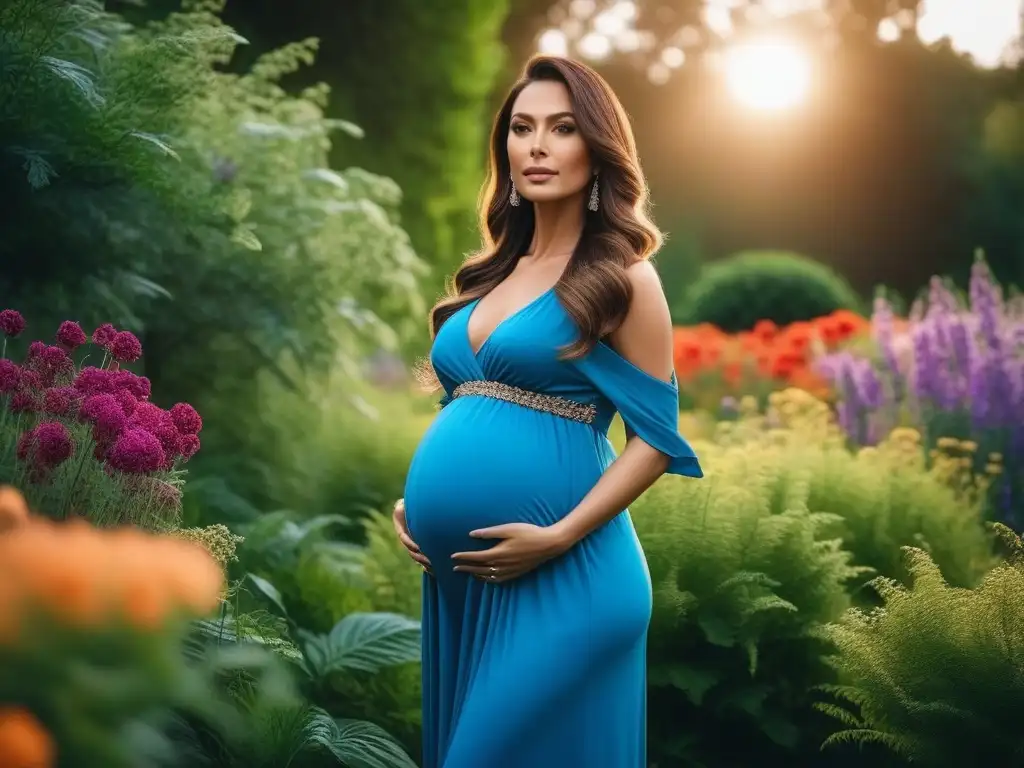 Radiante belleza maternal en jardín vibrante Una mujer embarazada elegante destaca en jardín vibrante lleno de flores