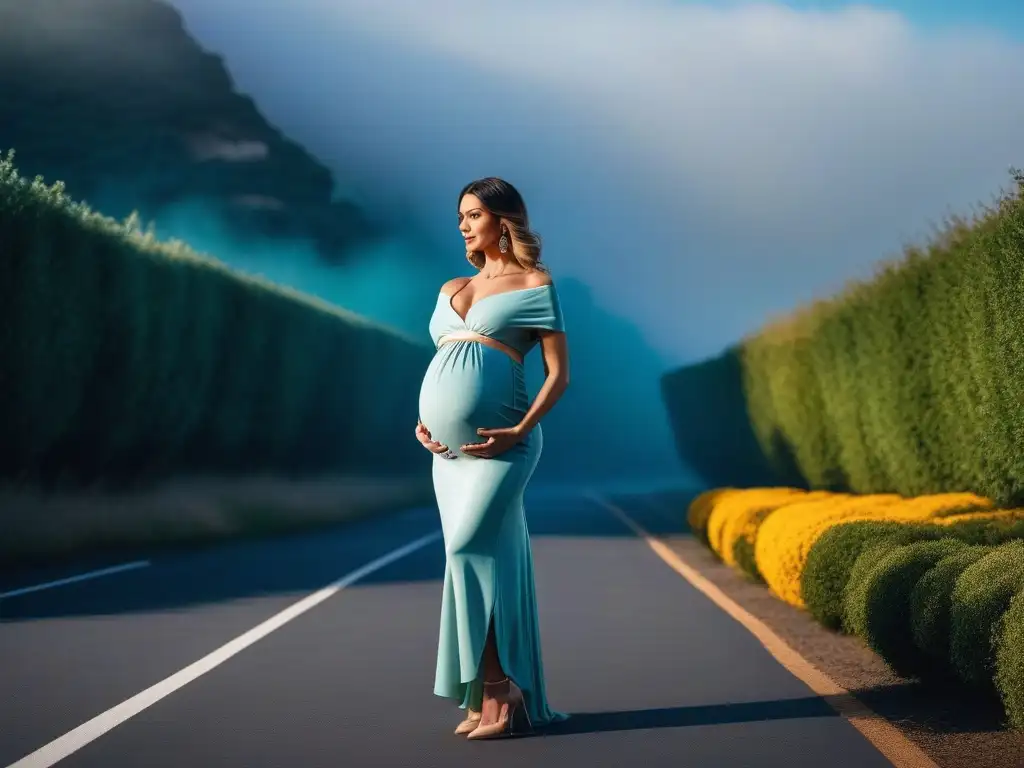 Elegancia maternal: estilo y empoderamiento en la maternidad Una mujer embarazada posa con estilo en un atuendo de maternidad chic, reflejando moda y comodidad en un entorno urbano
