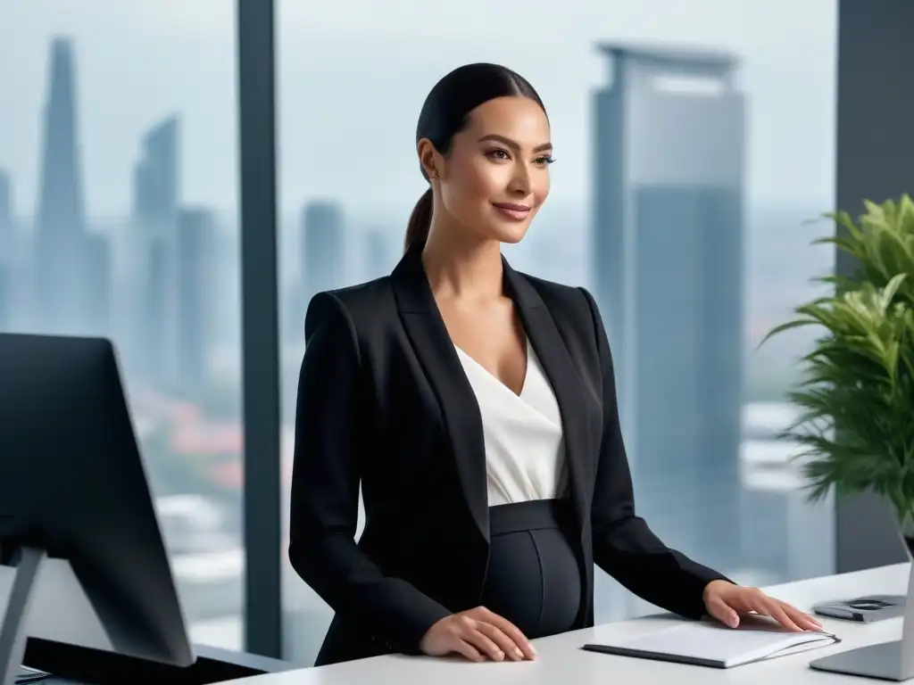 Estilo y maternidad: look profesional con elegancia Una mujer embarazada con estilo en un blazer negro moderno, reflejando confianza en una oficina minimalista